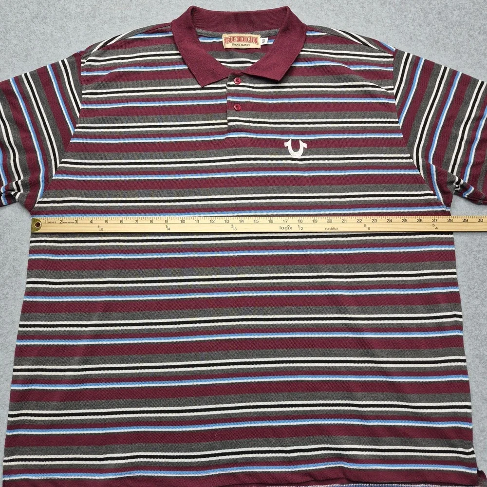 True Religion Shirt Men's 4XL Striped Polo Burgundy Short Sleeve Horseshoe Logo